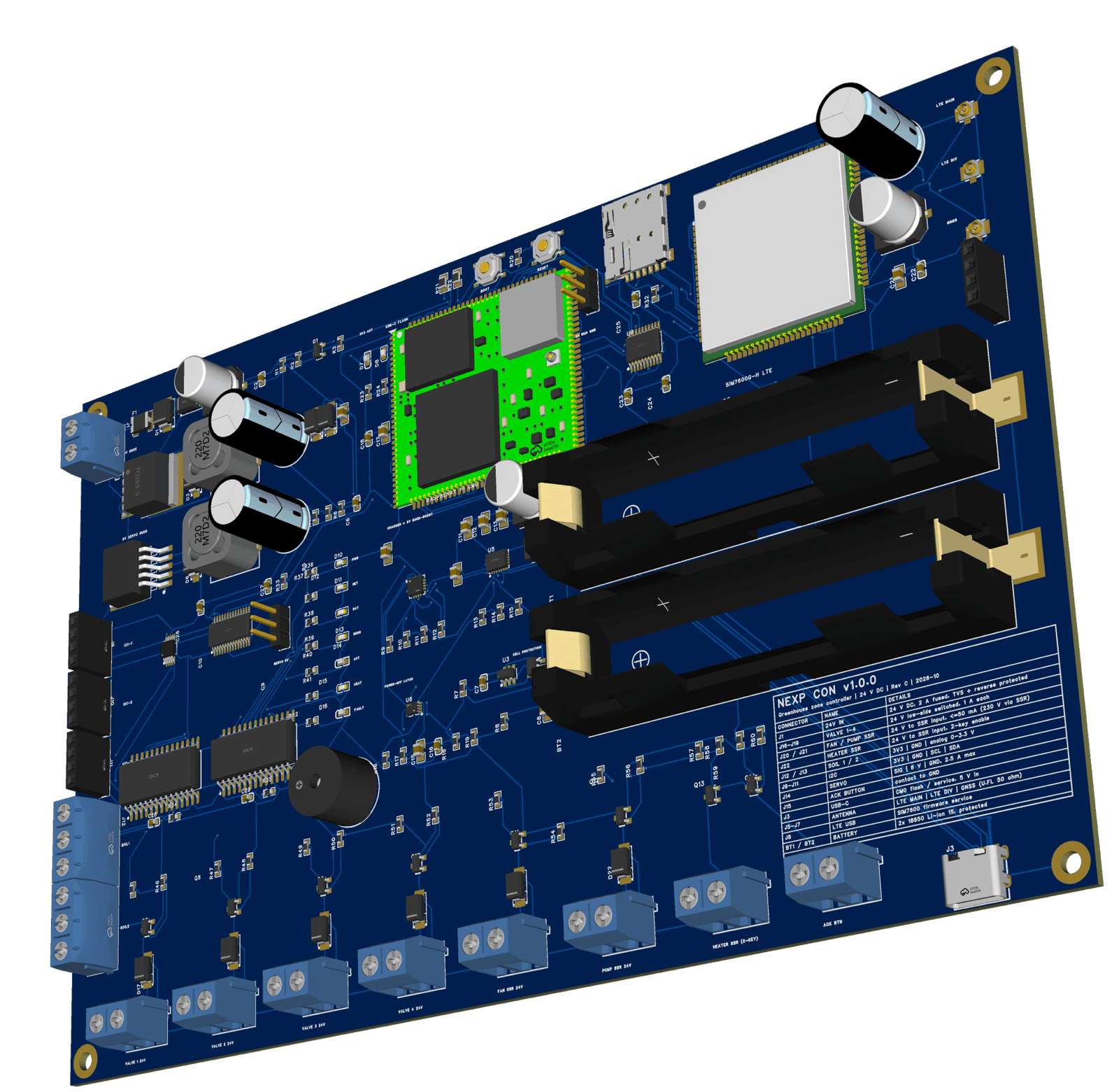 NEXP CON greenhouse zone controller — a 24 V board with a Raspberry Pi compute module, LTE and GNSS, battery backup and switched outputs